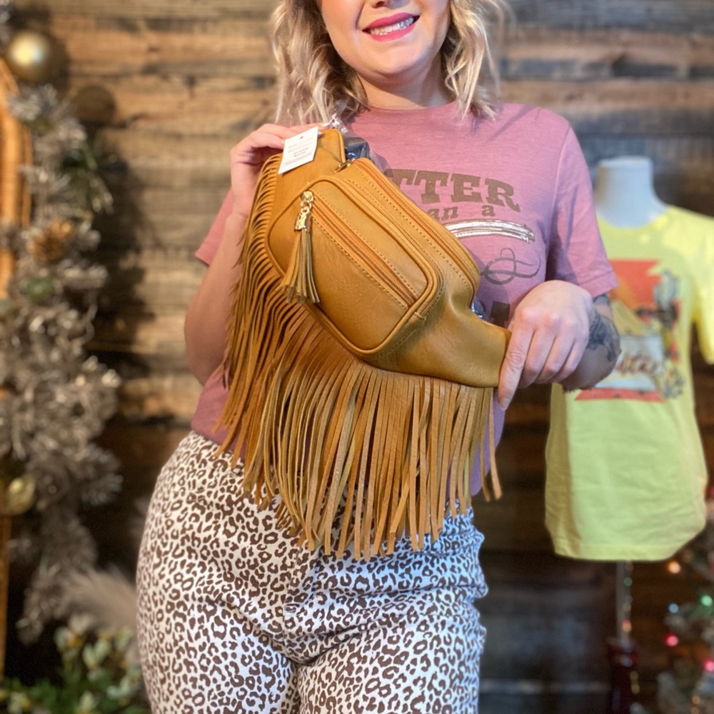 Mustard fringe boho western Fanny pack with adjustable strap